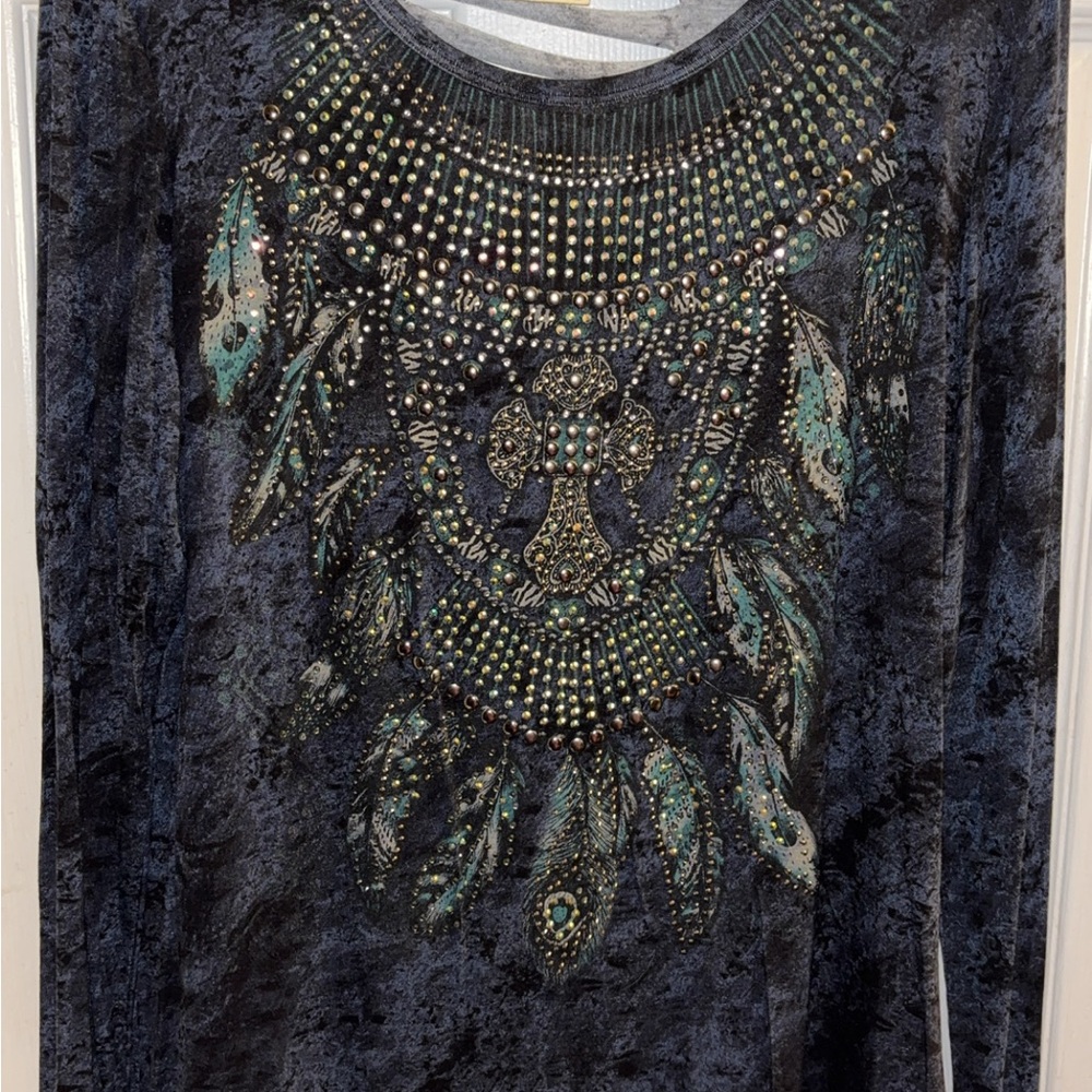 Vocal Black and Teal Embellished Blouse